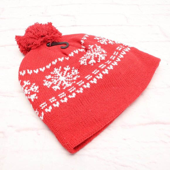 Chapeau Snowflake Winter Ski Beanie Hat Red White Fleece Lined W/Top Pom - Picture 8 of 9